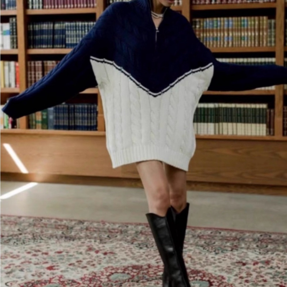 NEW NWT STAUD Hampton Navy and Cream half zip Cable Knit Sweater Size M